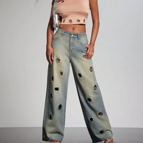 Medium Wash Punk Women's Wide Leg Baggy Jeans